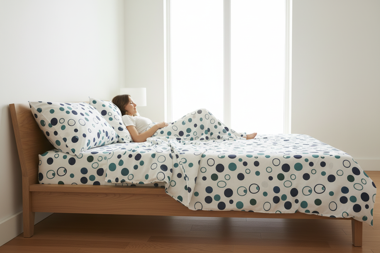 A person lying on a wooden bed wearing a white top, with a bed dressed in white bedding featuring a navy, teal, and gray polka dot pattern. The room has white walls and a large window.