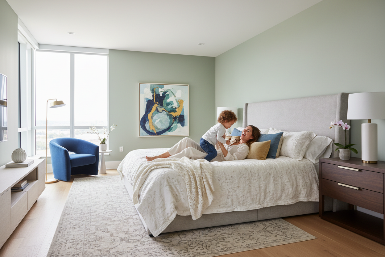 Beautiful bedroom with mother and child