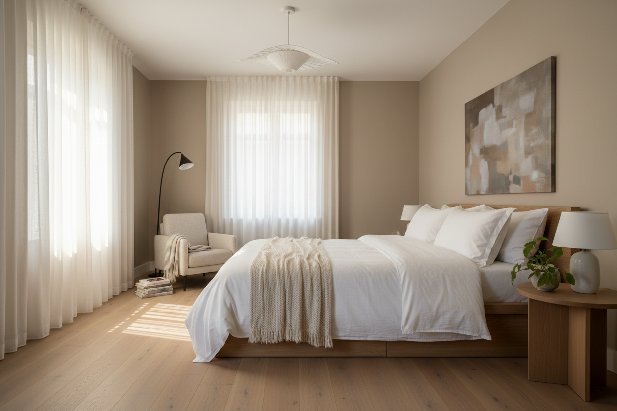 Modern bedroom with a bed, lamp, and decor