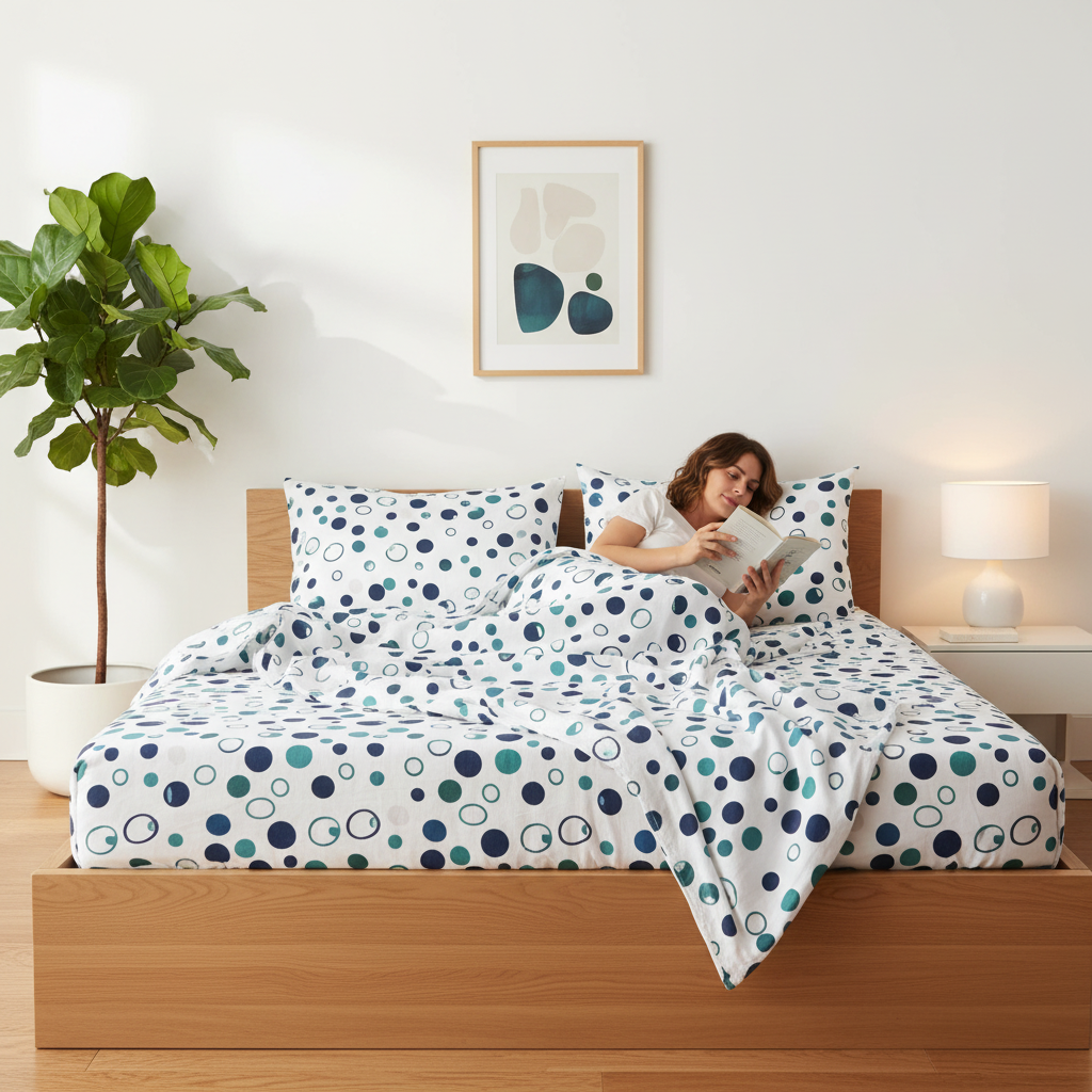 A woman lies on a wooden bed reading a book, wearing a white t-shirt and holding a tablet. The bed is dressed in a white sheet set with a navy and teal polka dot pattern.
