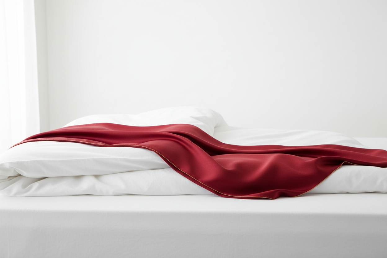 Red satin sheet draped over a white bed with a white wall in the background