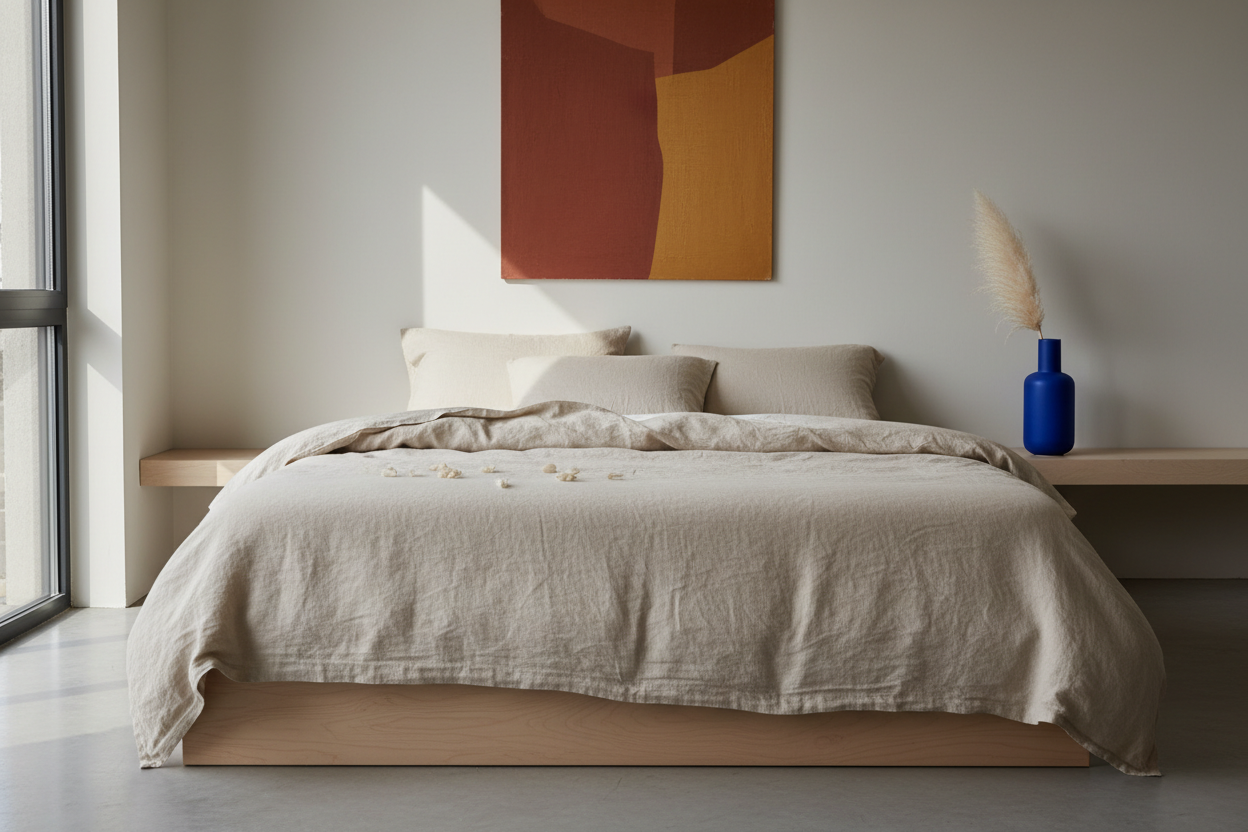 Modern bedroom with a bed, abstract art, and a vase.