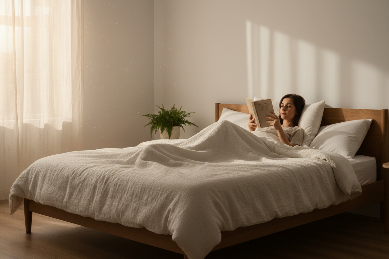Woman reading a book in bed with soft lighting and a plant in the background