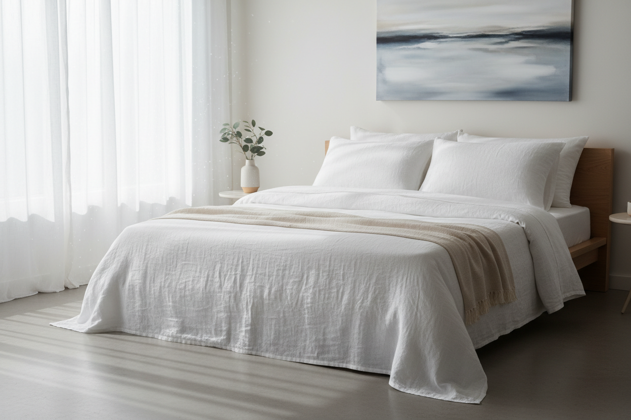 A beautifully designed bedding on a bed in a room