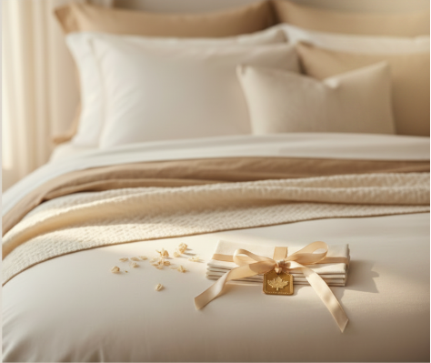 A neatly made bed with cream and beige bedding, including pillows, a duvet, and a folded blanket tied with a satin ribbon and small decorative box. The scene is softly lit with warm natural light and a blurred background.