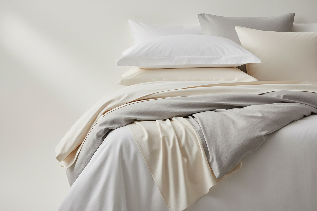 Neatly made bed with white and beige bedding on a plain background