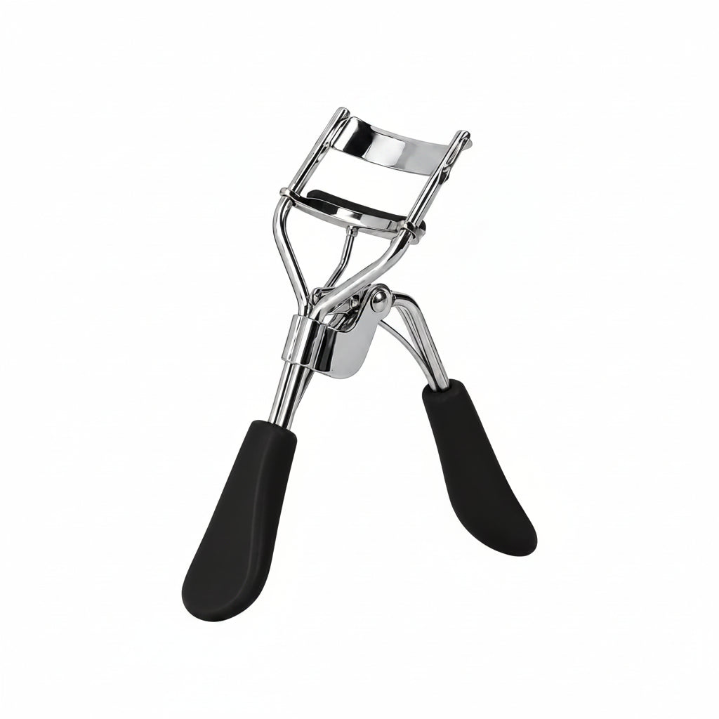 Eyelash curler with black handles on a white background