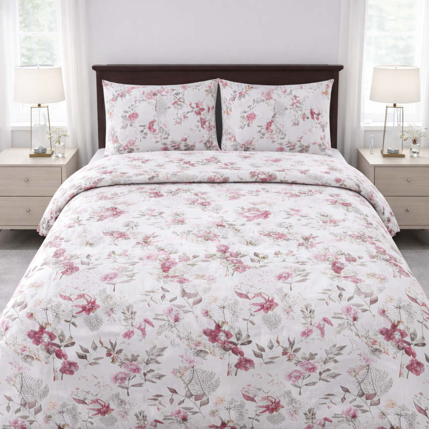 Floral bedding set on a bed in a bedroom with nightstands and lamps.
