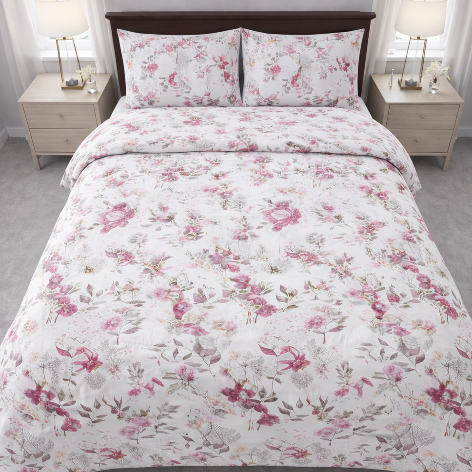 Floral bedding set on a bed in a bedroom with nightstands and lamps.