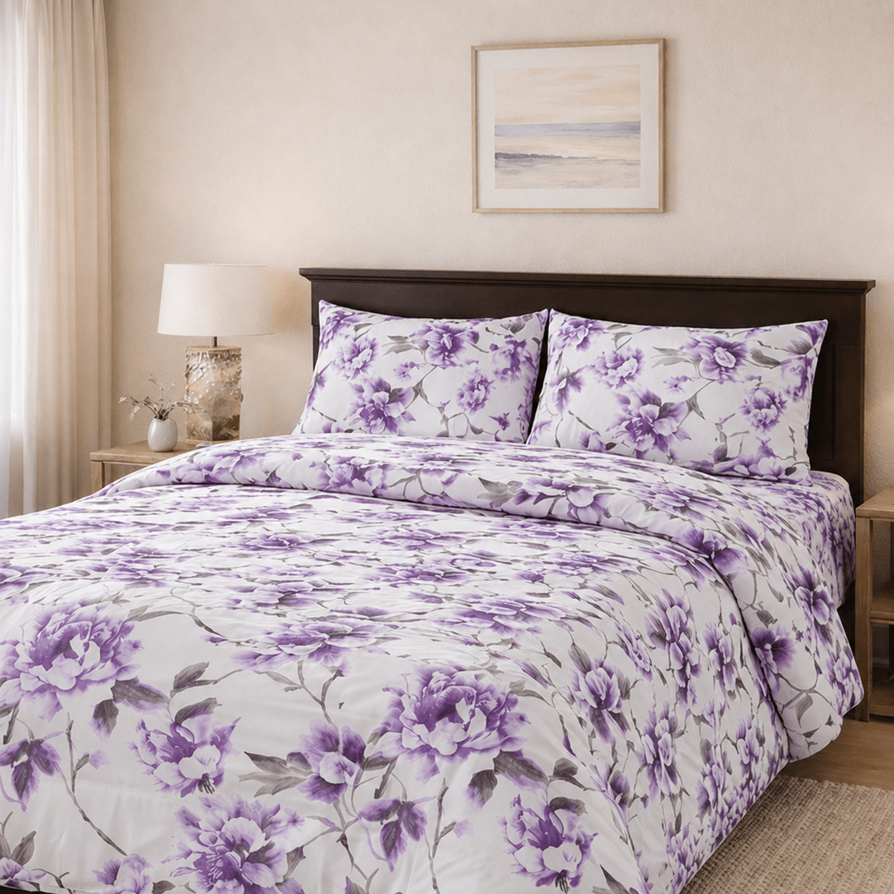 Bed with purple floral bedding in a bedroom setting