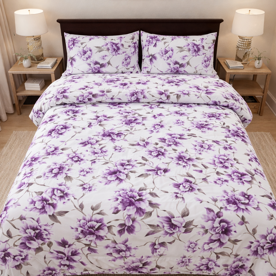 Bed with purple floral bedding in a bright bedroom