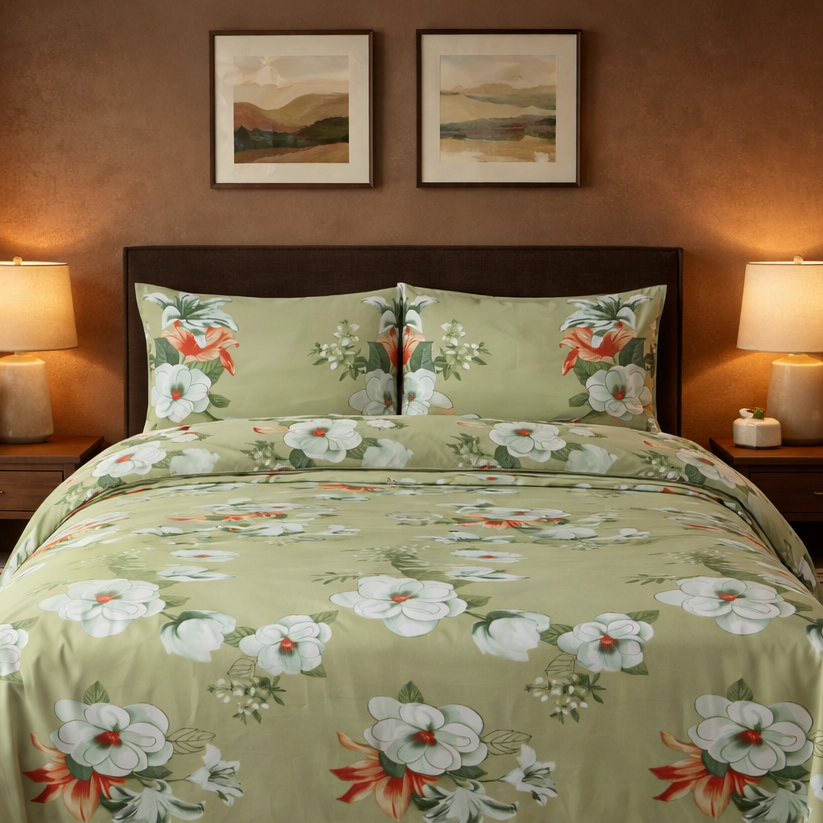 Floral bedding set on a bed in a bedroom with lamps and wall art.