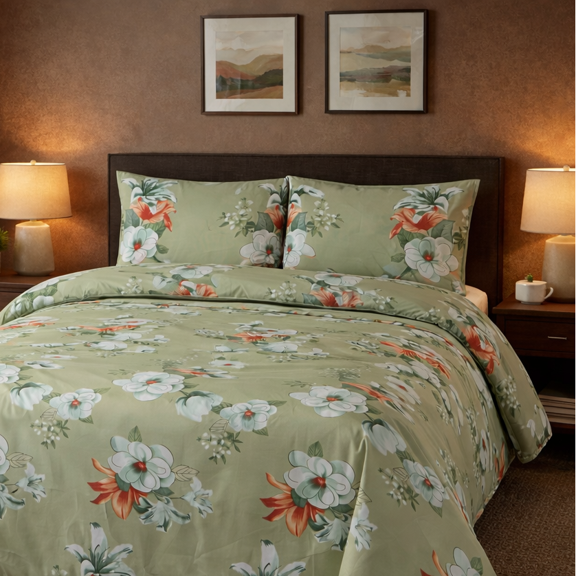 Floral bedding set on a bed with a wooden headboard and side tables.