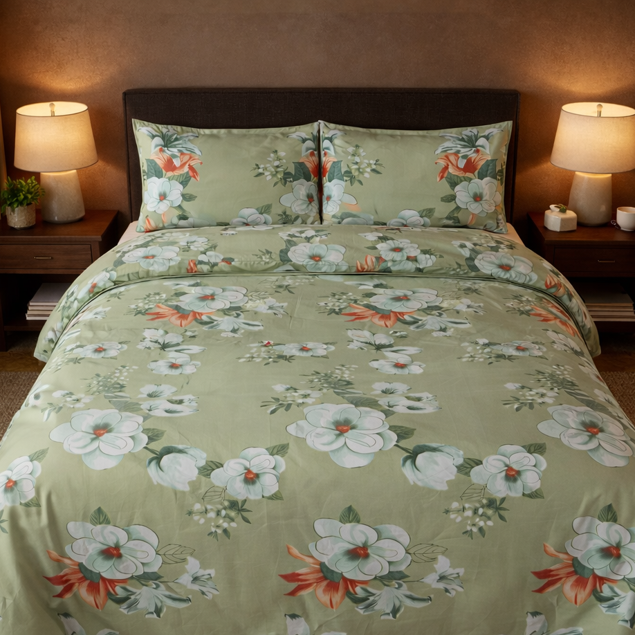 Floral bedding set on a bed in a bright bedroom with lamps and a window.