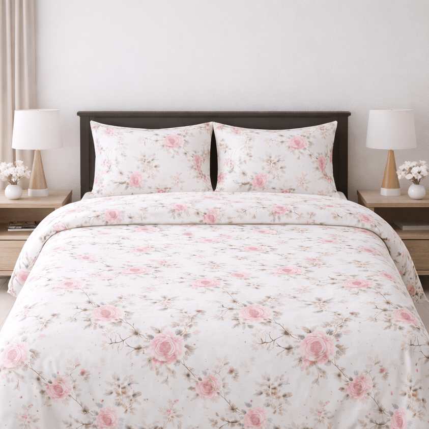 Floral bedding set on a bed in a bedroom with nightstands and lamps.