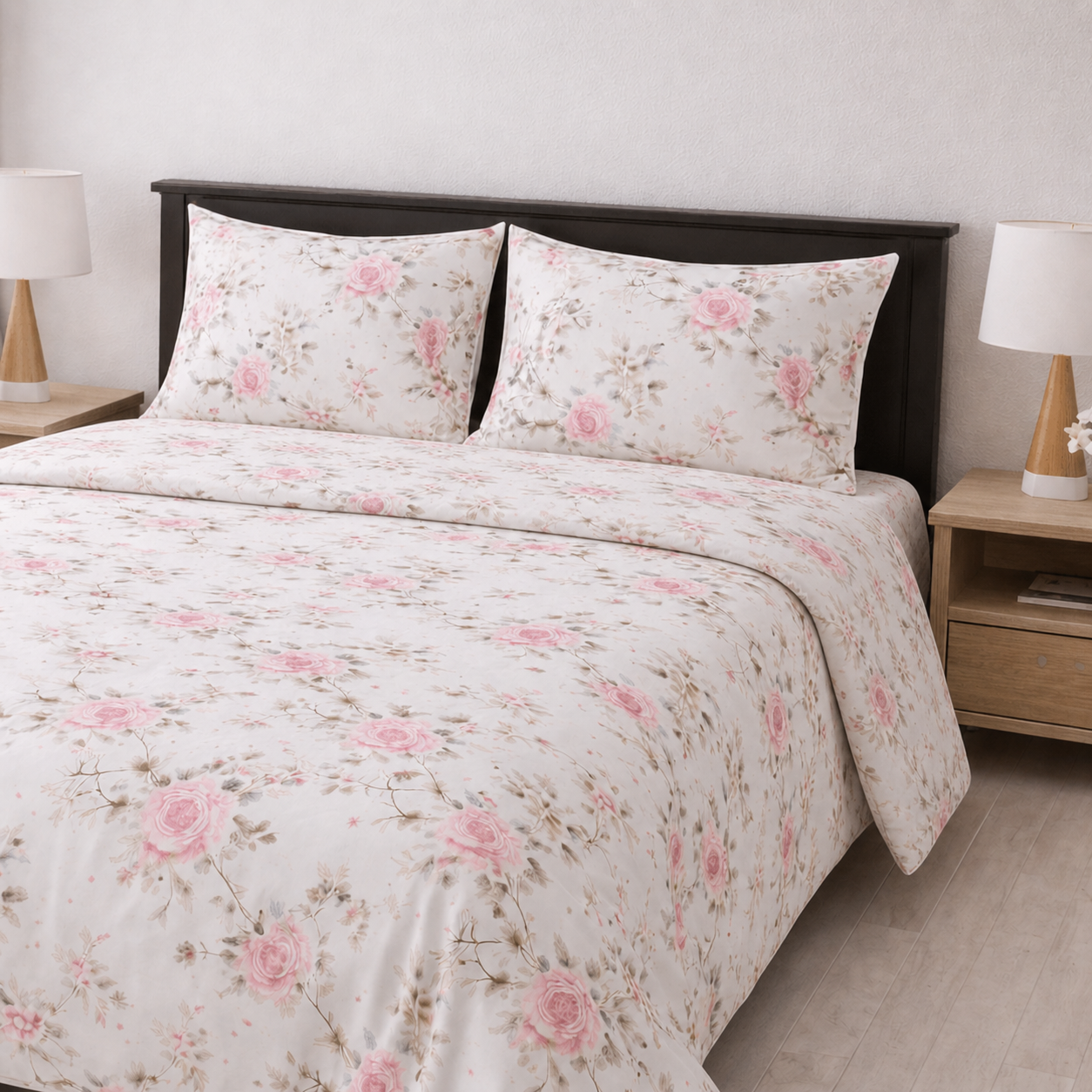 Floral patterned bedding set on a bed in a bedroom setting.