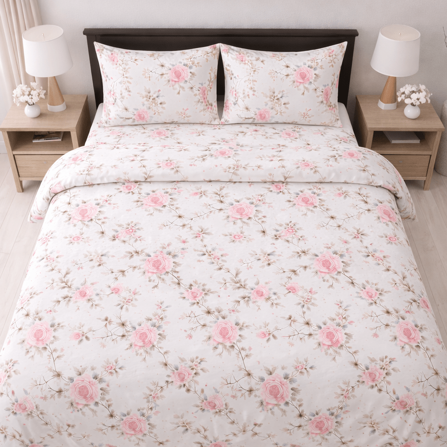 Floral bedding set on a bed with matching pillows in a bedroom setting.
