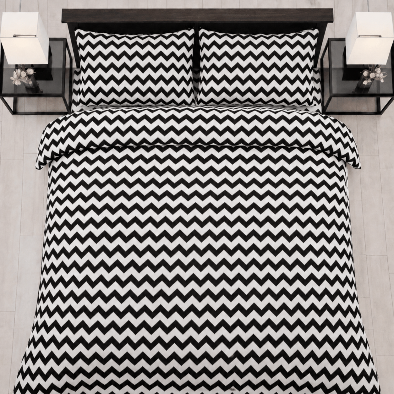 ZigZag Bedding on a Bed in room with Side tables
