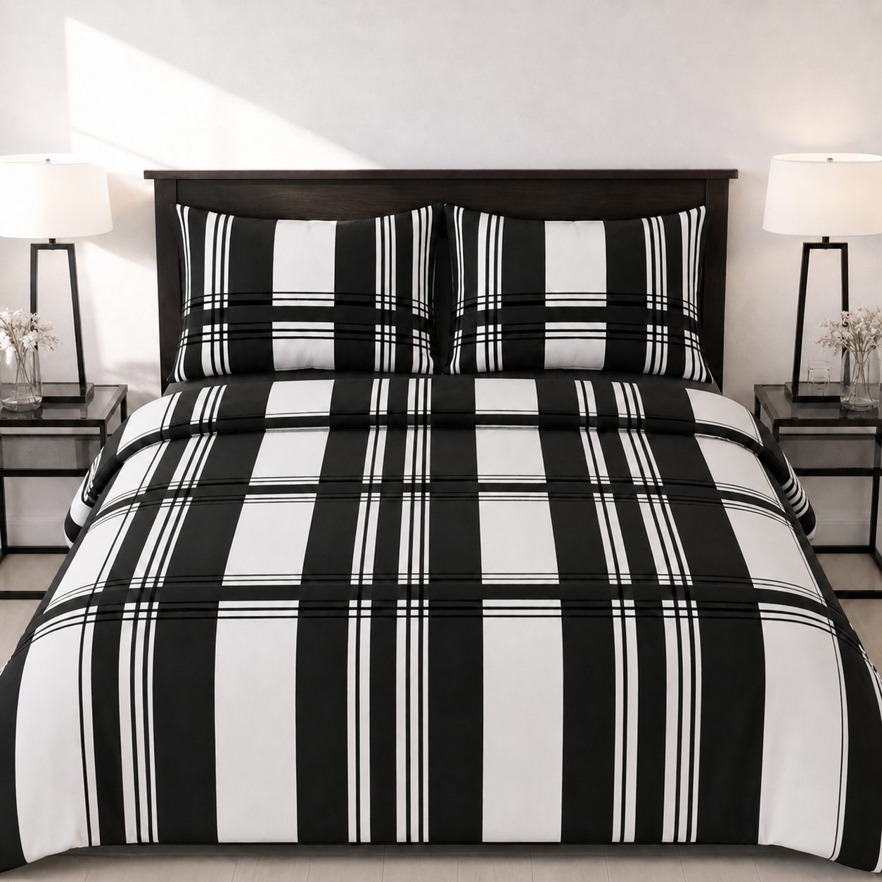 Black and White Monochrome Bedding Set on a Bed in a Room