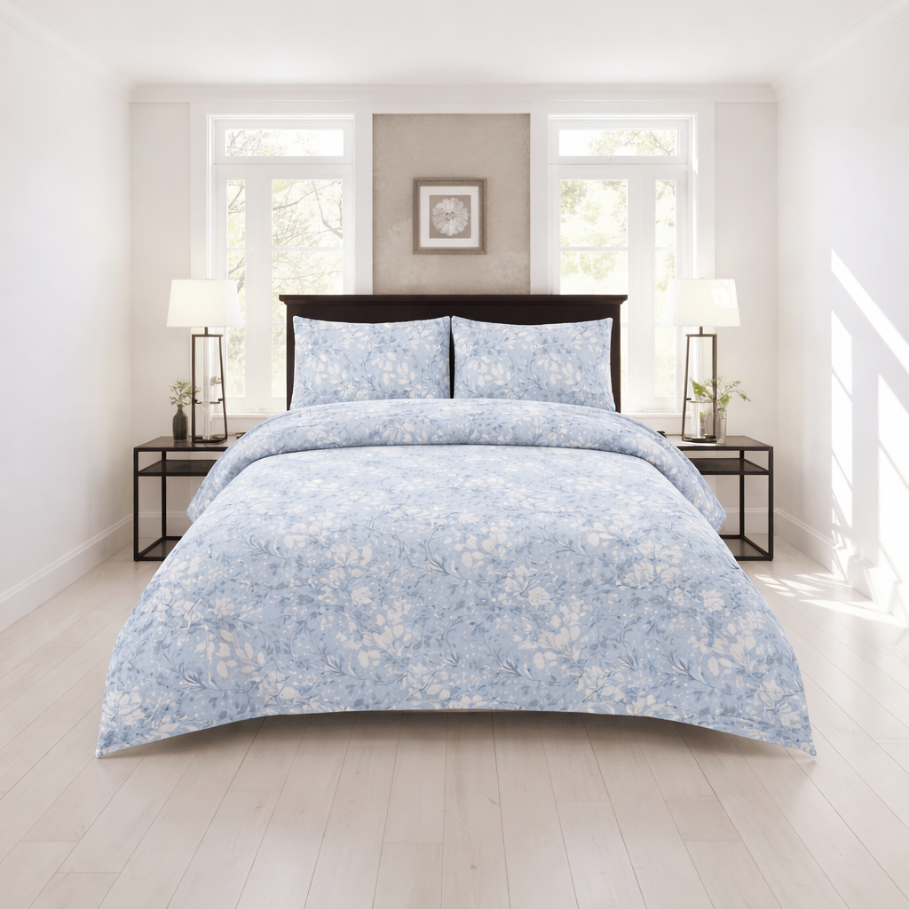 Soft Blue Leaf - 4 Piece Bedsheet Set