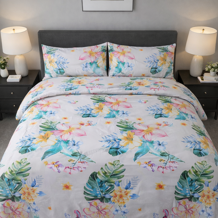 Floral bedding set on a bed in a bedroom with two lamps and nightstands.