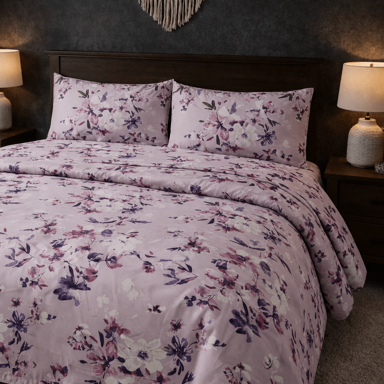 Floral patterned bedding set on a bed in a bedroom setting.