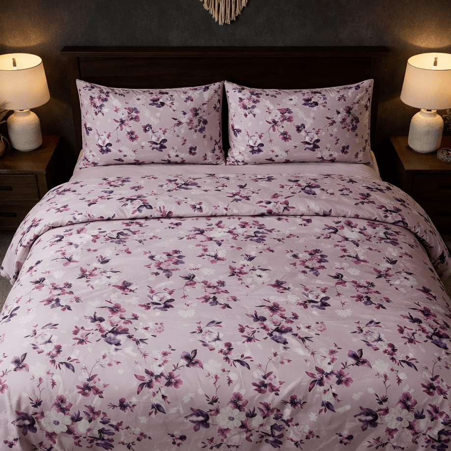 Floral patterned bedding set on a bed in a bedroom setting.