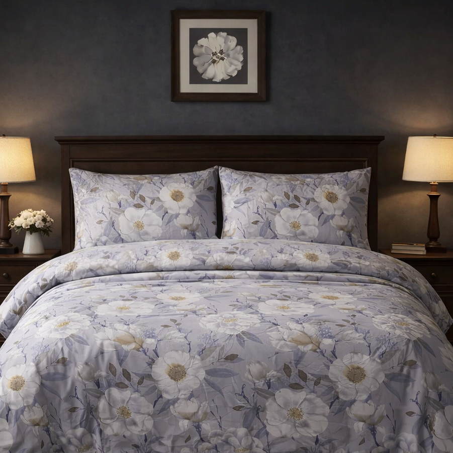Floral patterned bedsheet set on a bed in a dimly lit bedroom with lamps and artwork.