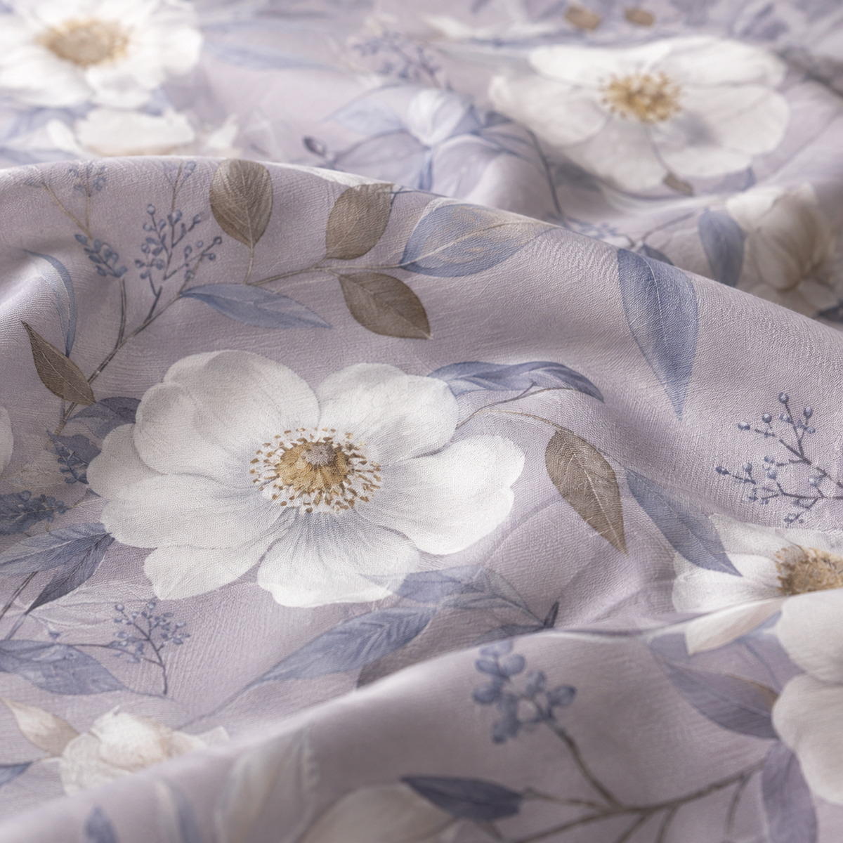 A close-up of draped fabric with a floral print featuring large white flowers, muted blue-gray leaves, and soft lavender-purple background tones.
