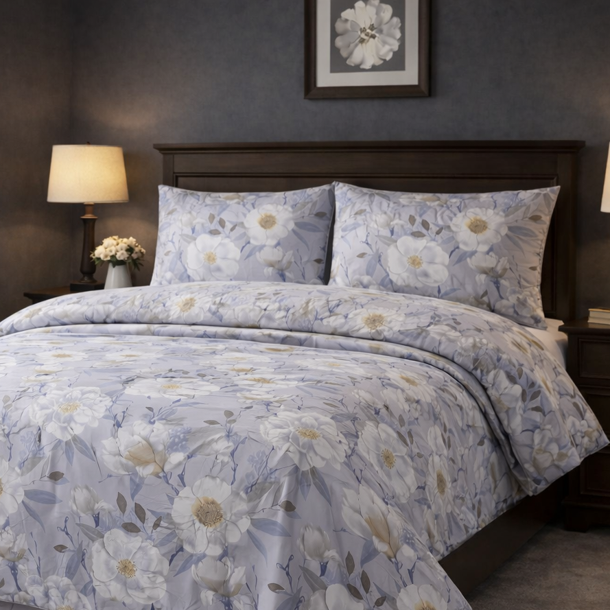 Floral patterned bedsheet set on a bed in a bedroom setting with lamps and decor.