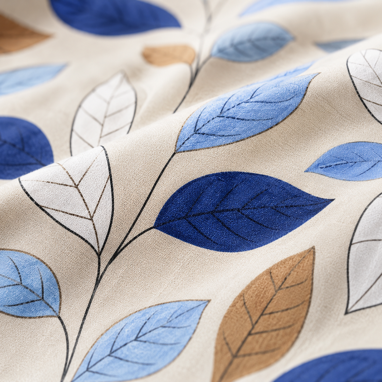 A close-up of a beige fabric with an embroidered leaf pattern in shades of blue, white, and tan.
