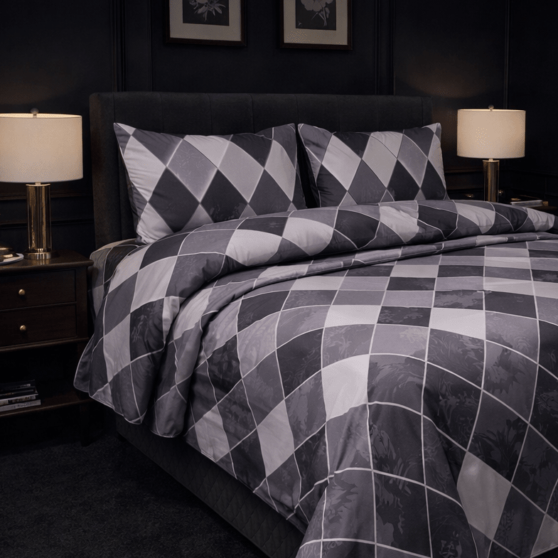 Bed with gray and white checkered comforter in a darkly decorated room.
