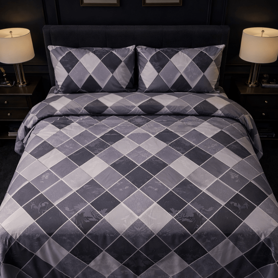 Gray and black checkered duvet cover set on a bed in a bedroom setting.