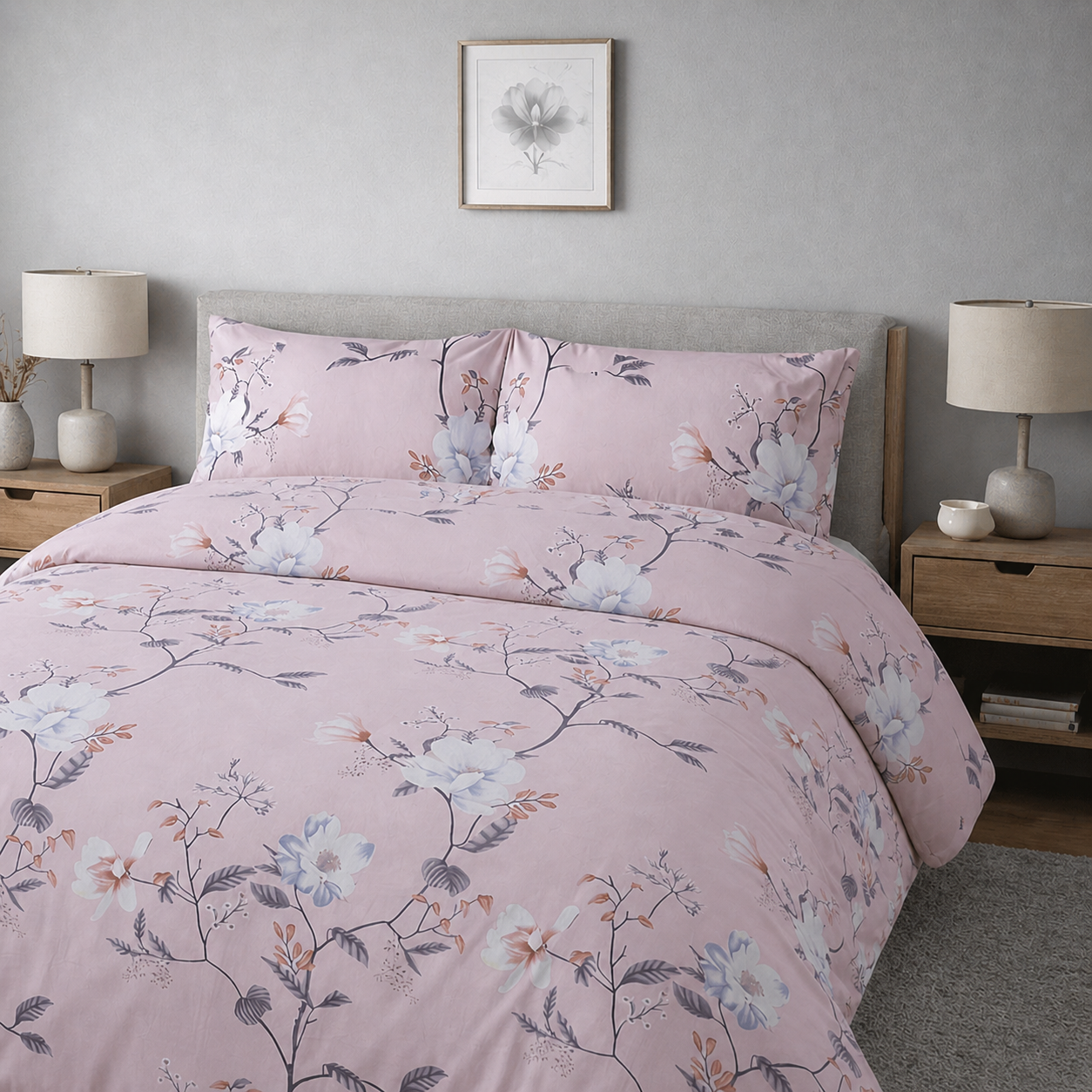 Floral patterned bedding set on a bed in a bedroom setting.