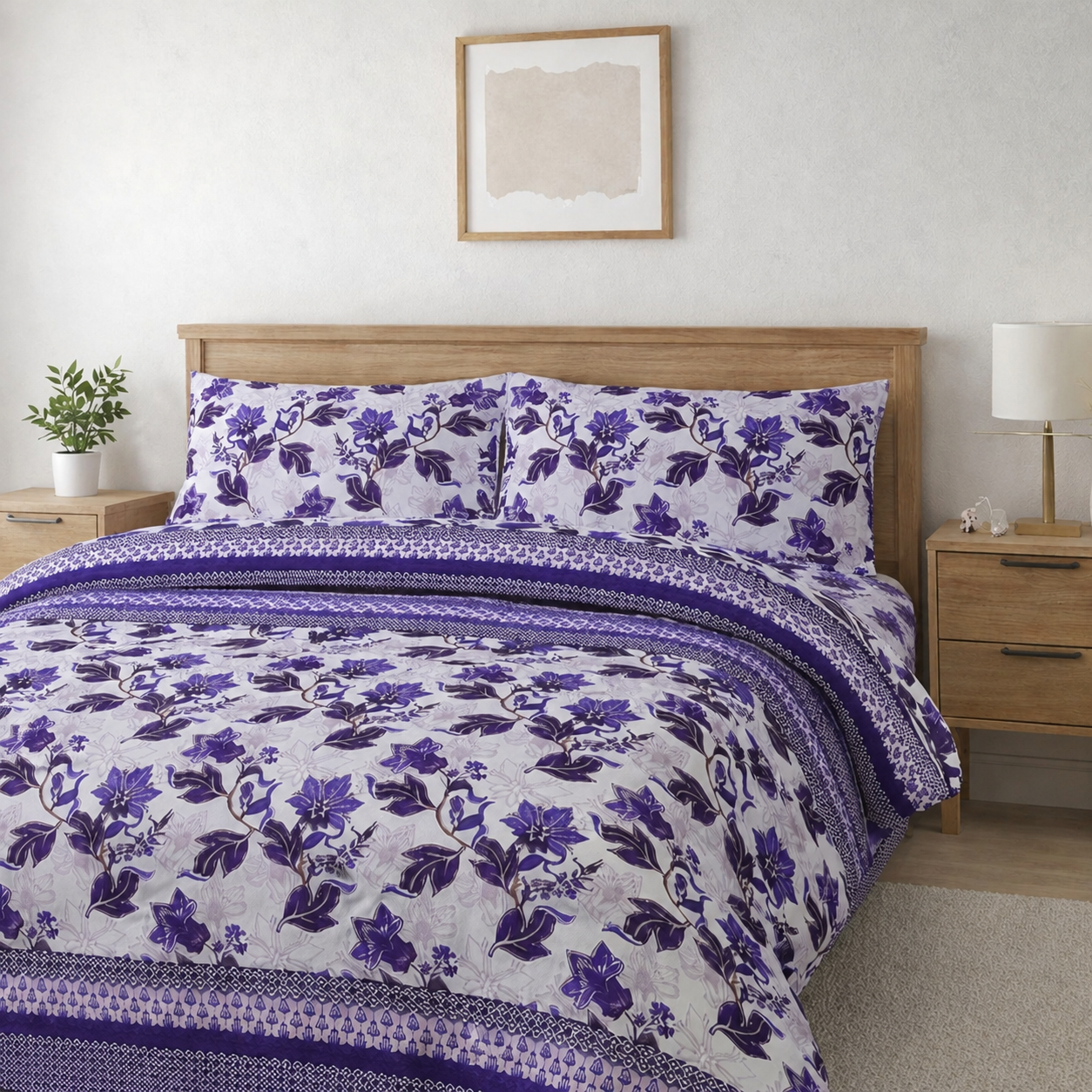 Floral patterned bedding set on a bed in a bedroom setting