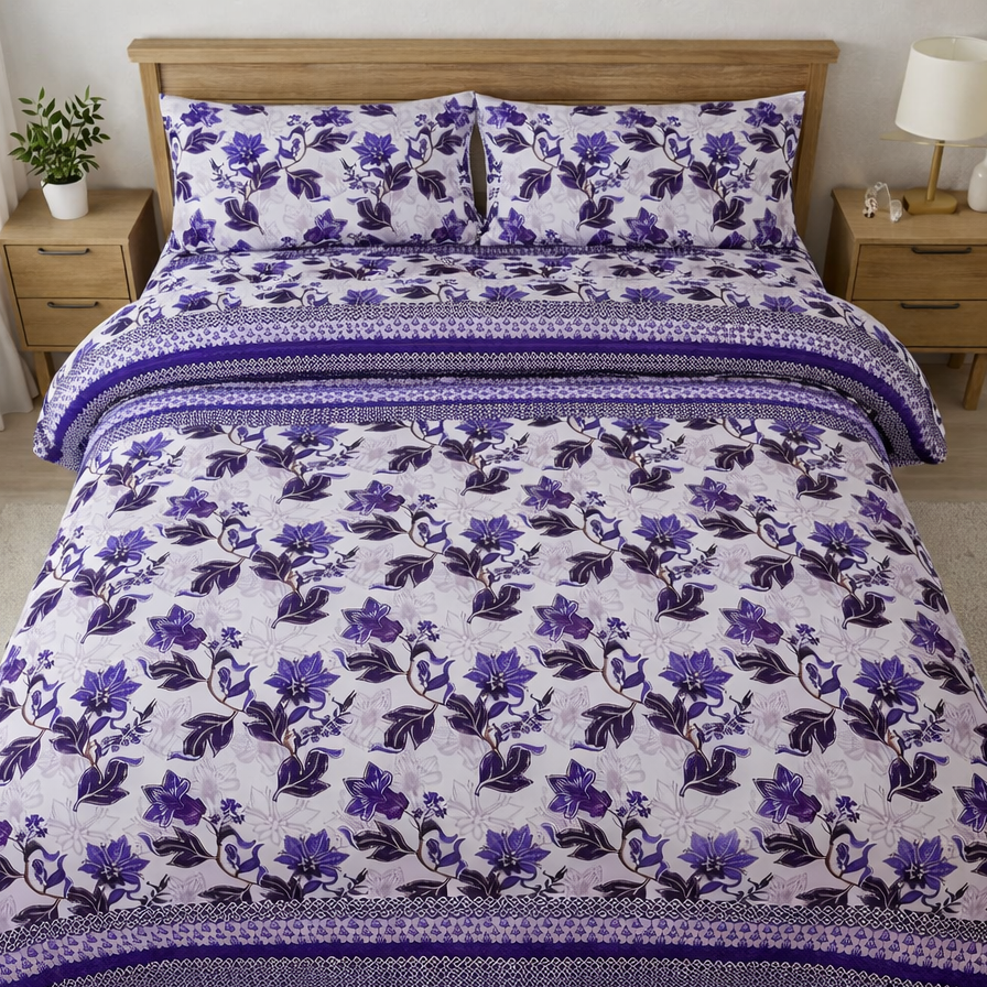 Floral patterned bedding set on a bed in a bedroom setting