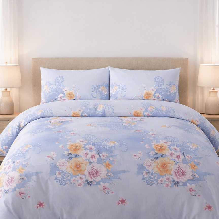 Floral patterned comforter set on a bed in a well-lit bedroom.