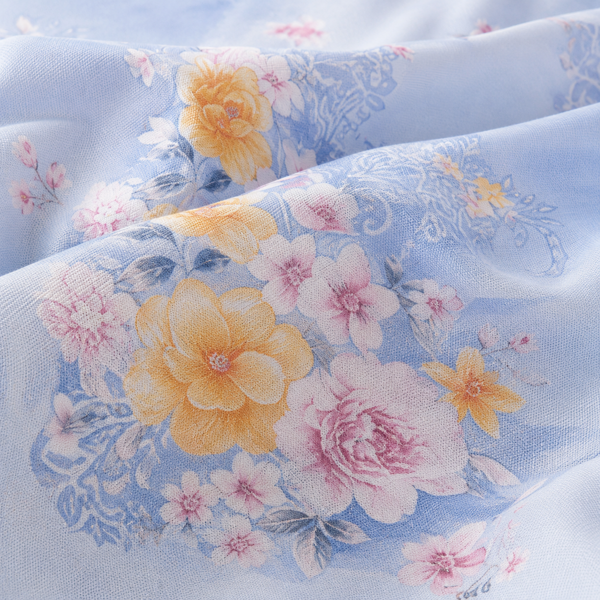Floral bedding set on a bed with a light blue background