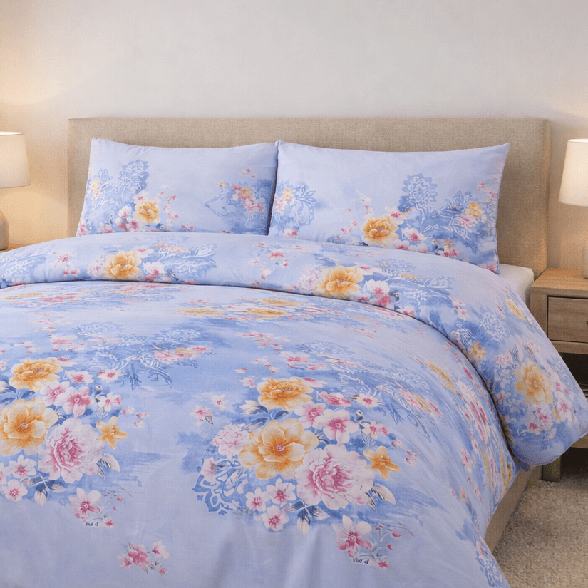 Floral patterned bedding set on a bed in a bedroom setting