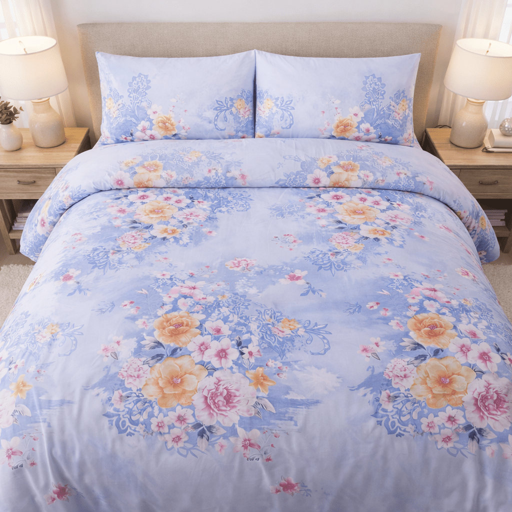 Floral bedding set on a bed with matching pillows, surrounded by nightstands with lamps.
