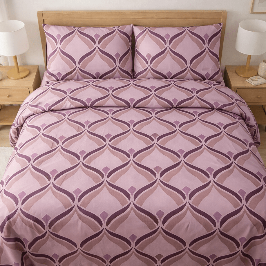 Pink and purple patterned comforter set on a bed with matching pillows, in a bedroom setting.
