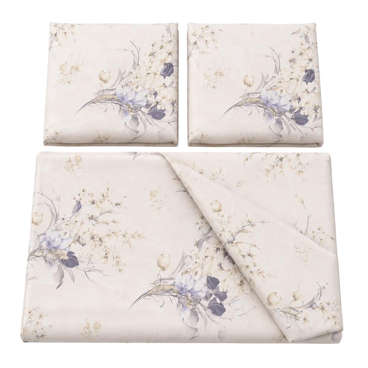 Floral patterned bedding set on a bed in a bedroom with two nightstands.