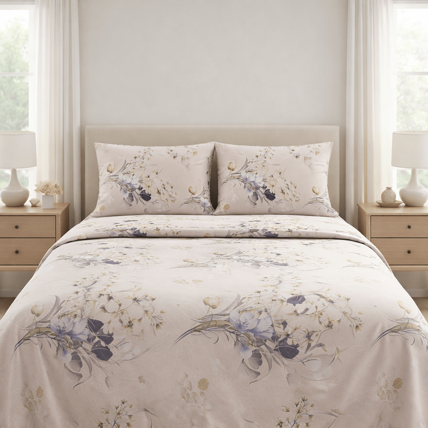 Floral bedding set on a bed in a bedroom with two nightstands and lamps.
