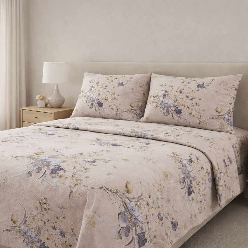 Floral patterned bedding set on a bed in a bedroom with a lamp and window in the background.