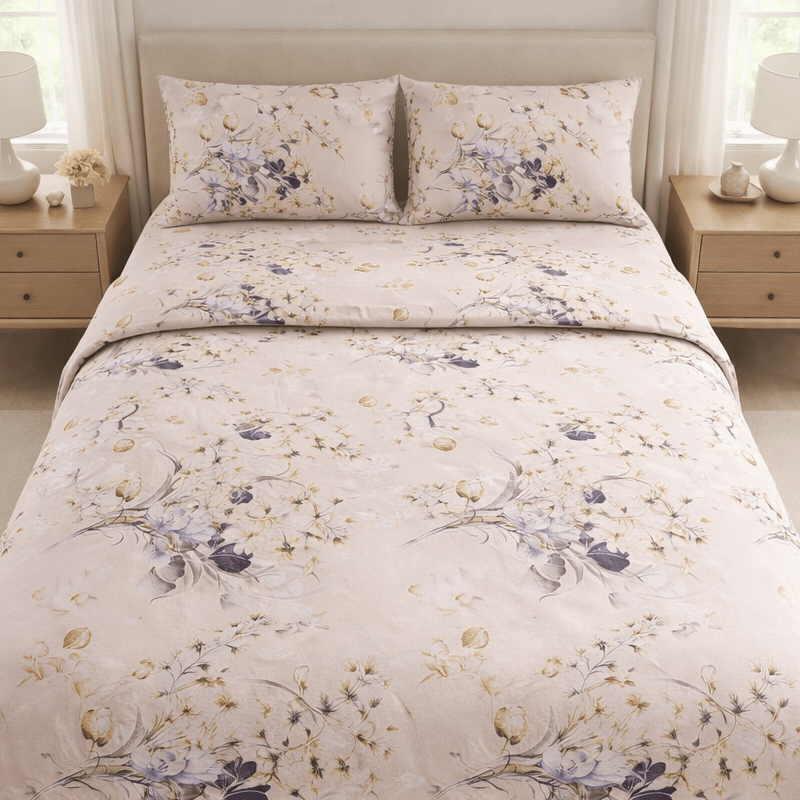 Floral patterned bedding set on a bed in a bedroom with two nightstands.