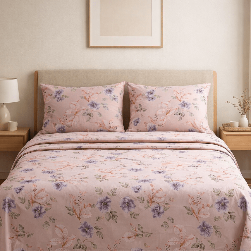 Floral bedding set on a bed in a bedroom with nightstands and decor.