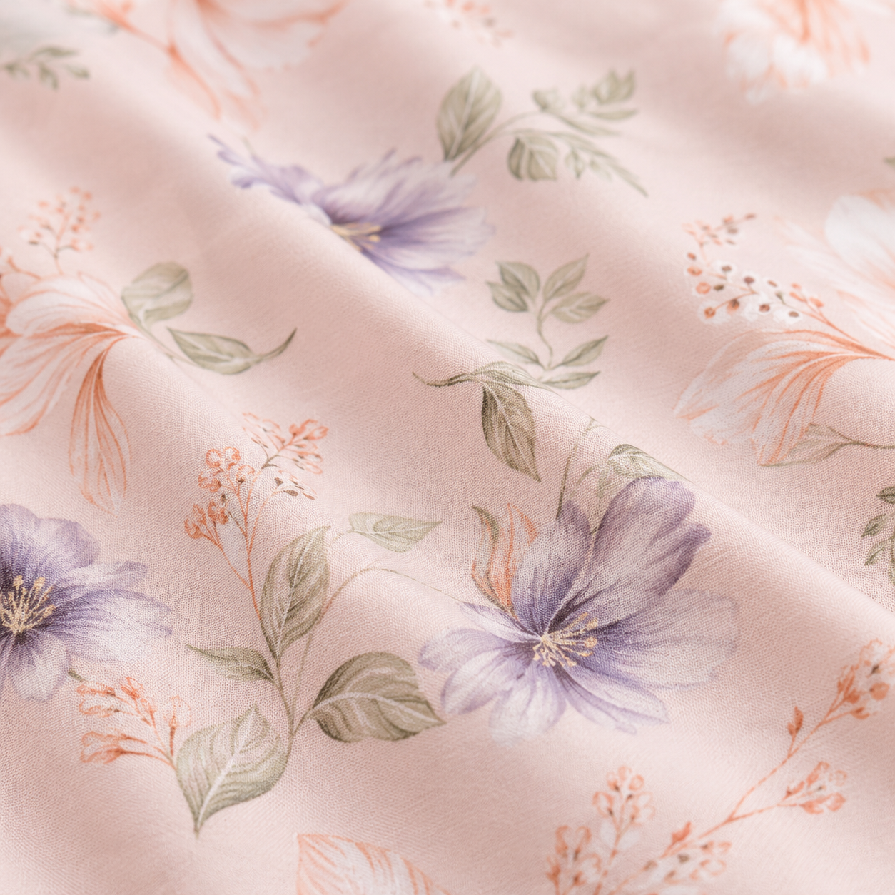 Floral bedding set on a bed in a bedroom with a lamp and nightstand.