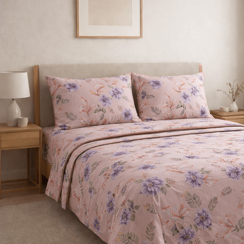 Floral patterned bedspread on a bed in a bedroom setting with nightstands and decor.