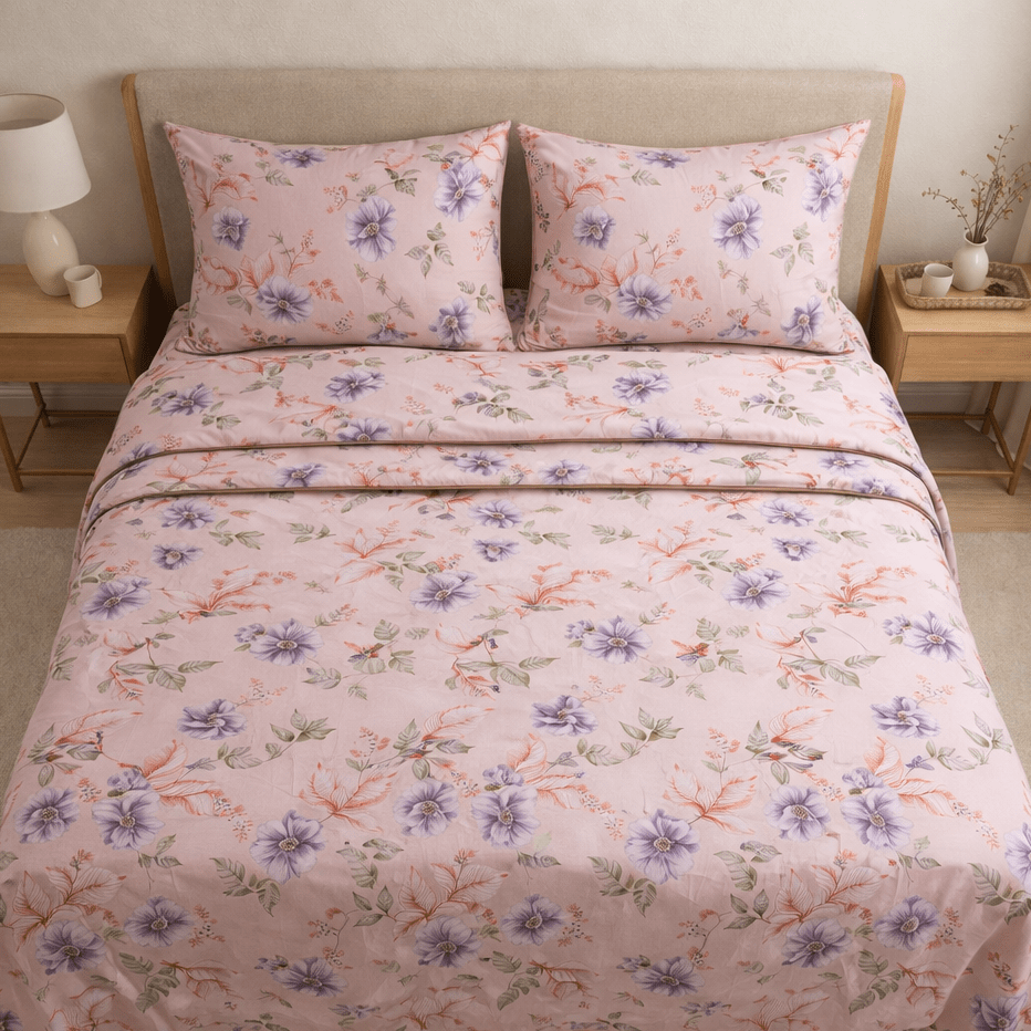 Floral patterned bedding set on a bed in a bedroom setting.