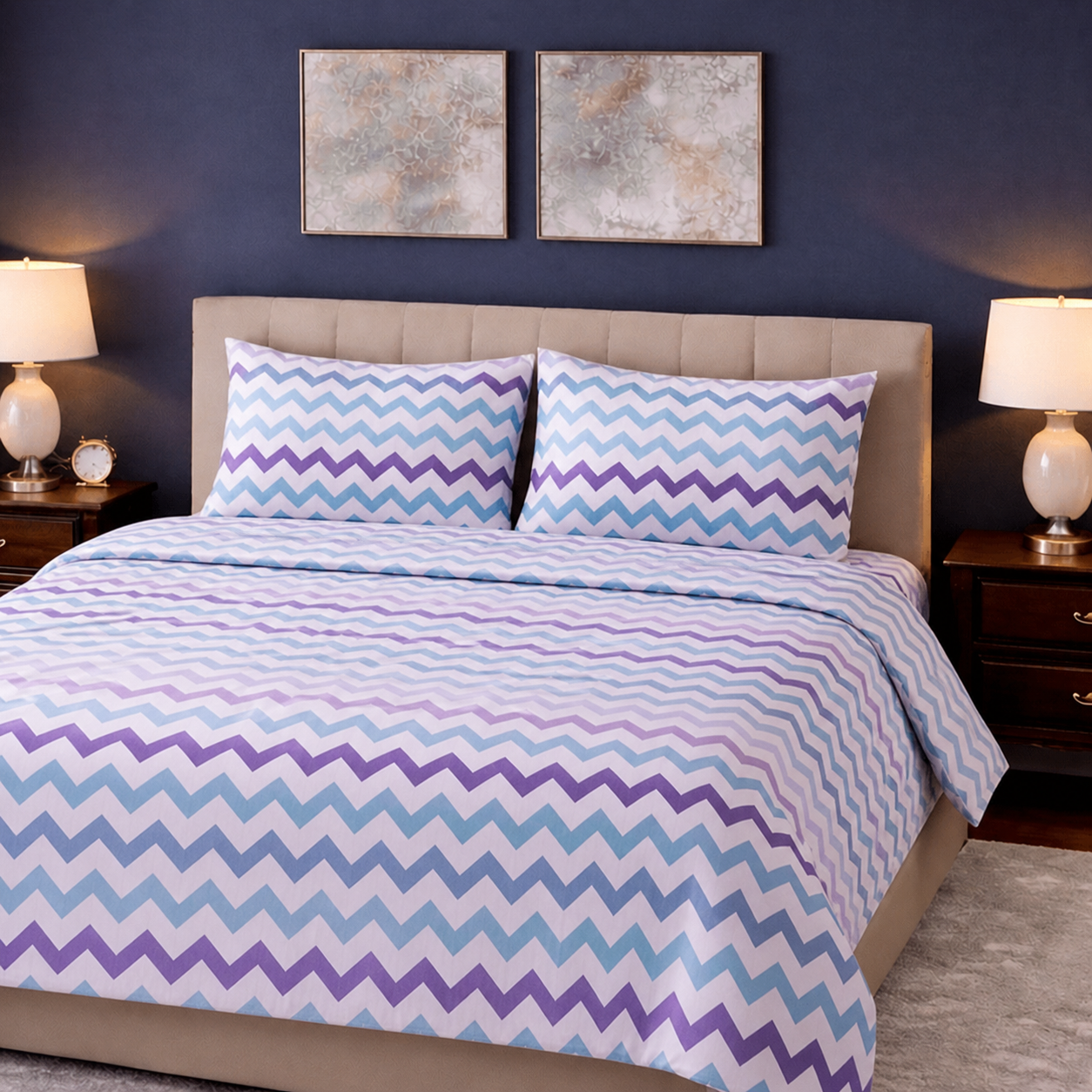 ZigZag colorful Bedding on a Bed in room with Side tables
